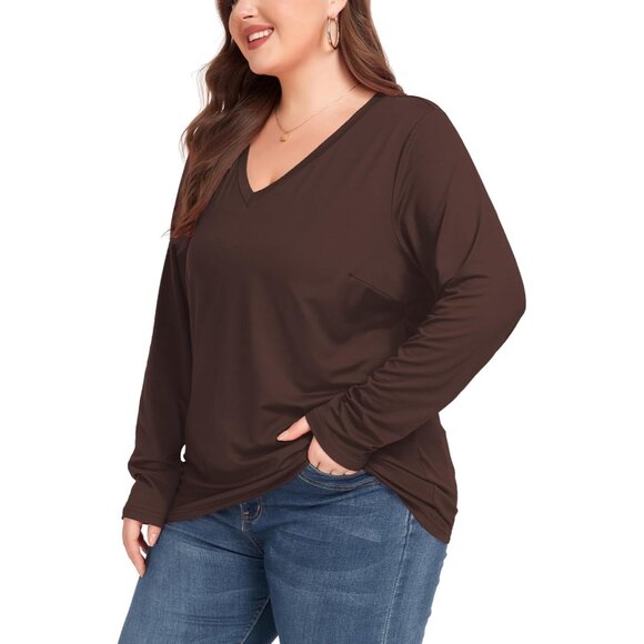 Women's Plus Size V Neck Long Sleeve Top Polyester Spandex Casual Fit - Picture 2 of 5